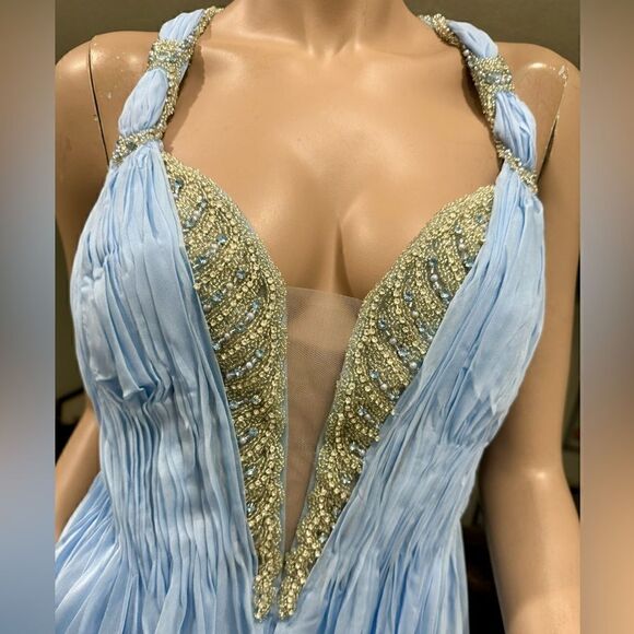 New Gorgeous Light Blue Beaded Chiffon Gown With Shawl - Picture 7 of 16